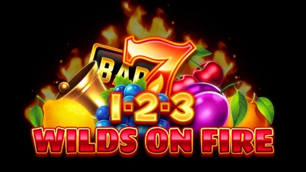 Interface do slot 1-2-3 Wilds on Fire com símbolos de frutas em chamas