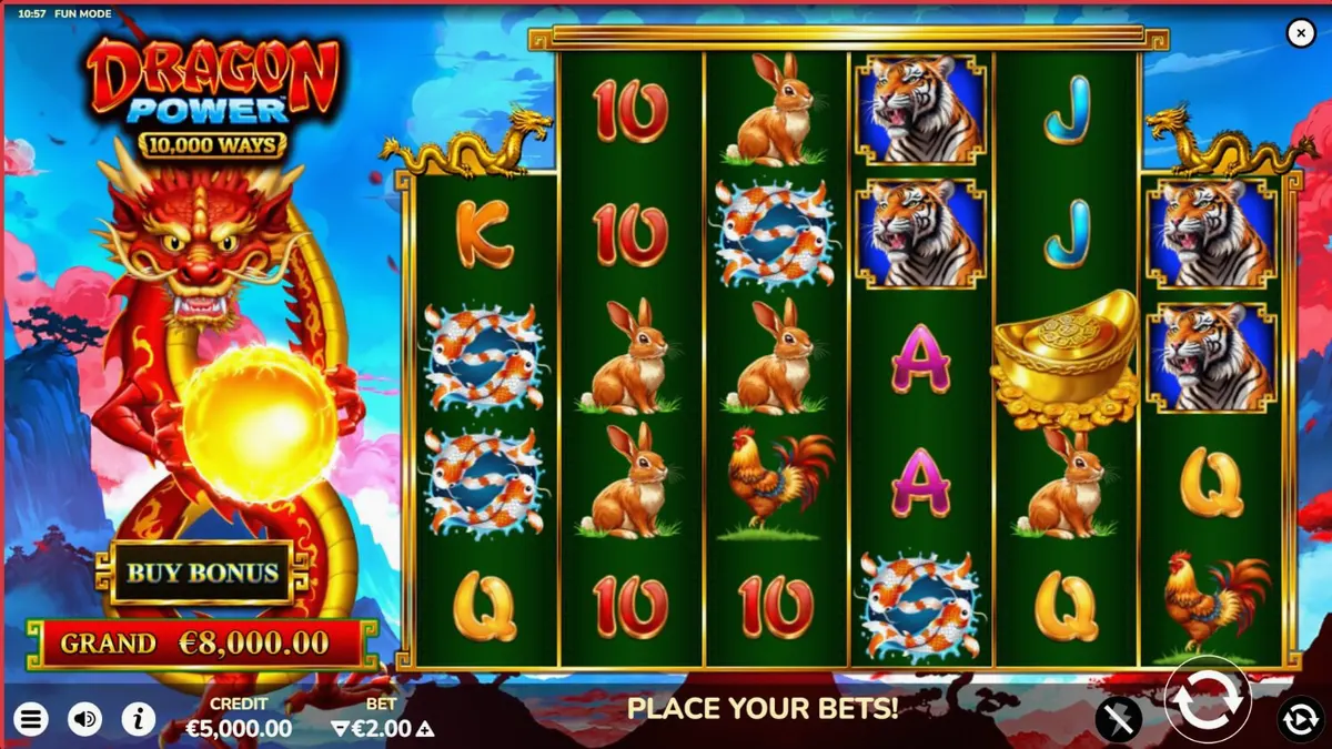 Interface do jogo de slot Dragon Power 10,000 Ways com dragões dourados e símbolos asiáticos
