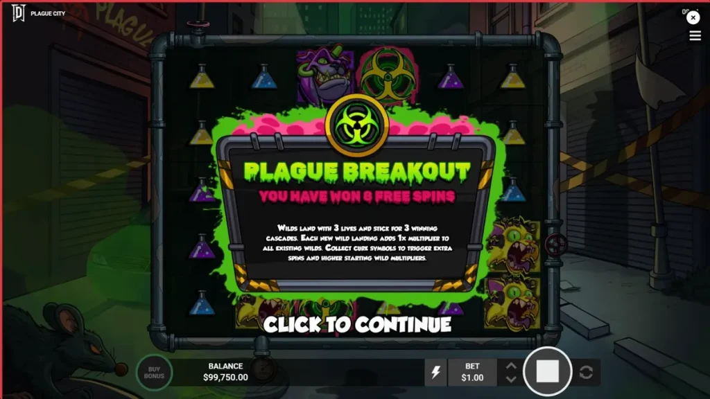 Cena apocalíptica do slot Plague City com cientista e criaturas mutantes