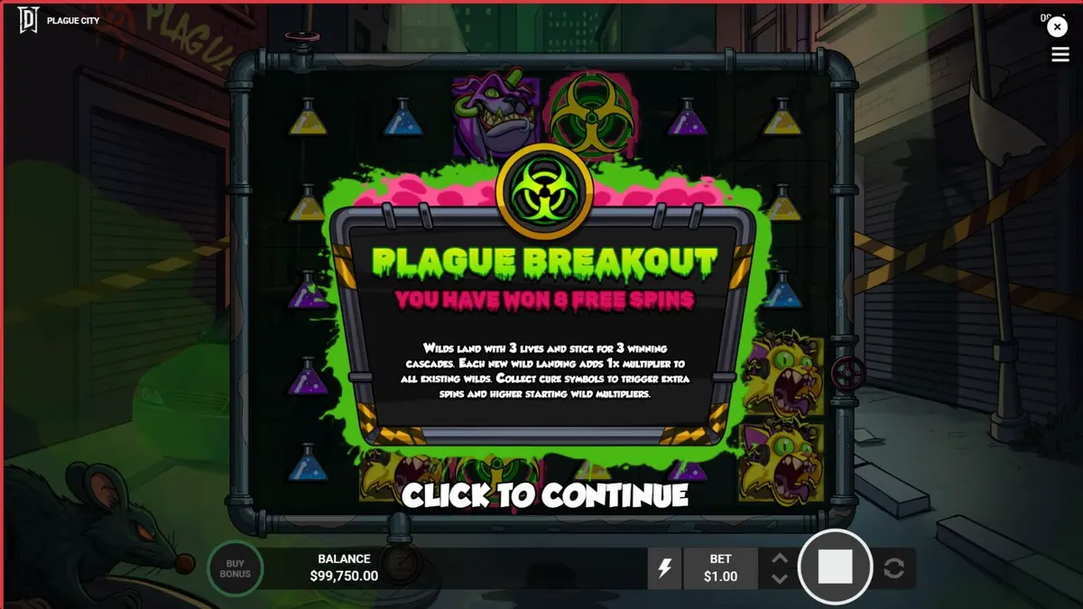 Cena apocalíptica do slot Plague City com cientista e criaturas mutantes