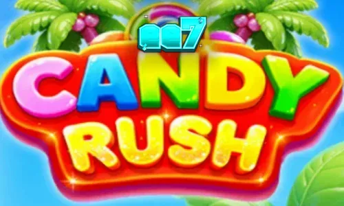 Interface colorida e vibrante do jogo Candy Rush com doces e elementos tropicais